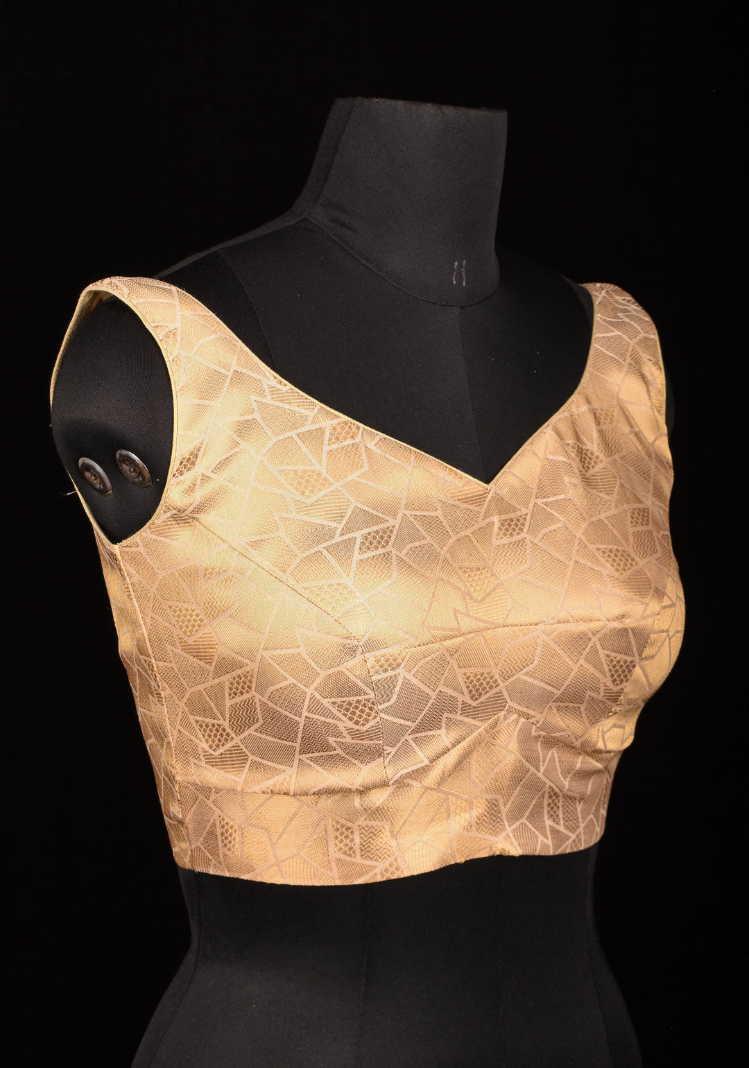 Size 34" Gold Abstract Pattern Brocade Blouse with Leaf Neck and Dori at the Back