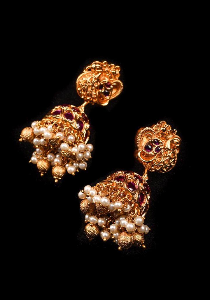 Peacock Jhumka Earrings in Kemp Stone with Dangling Pearls