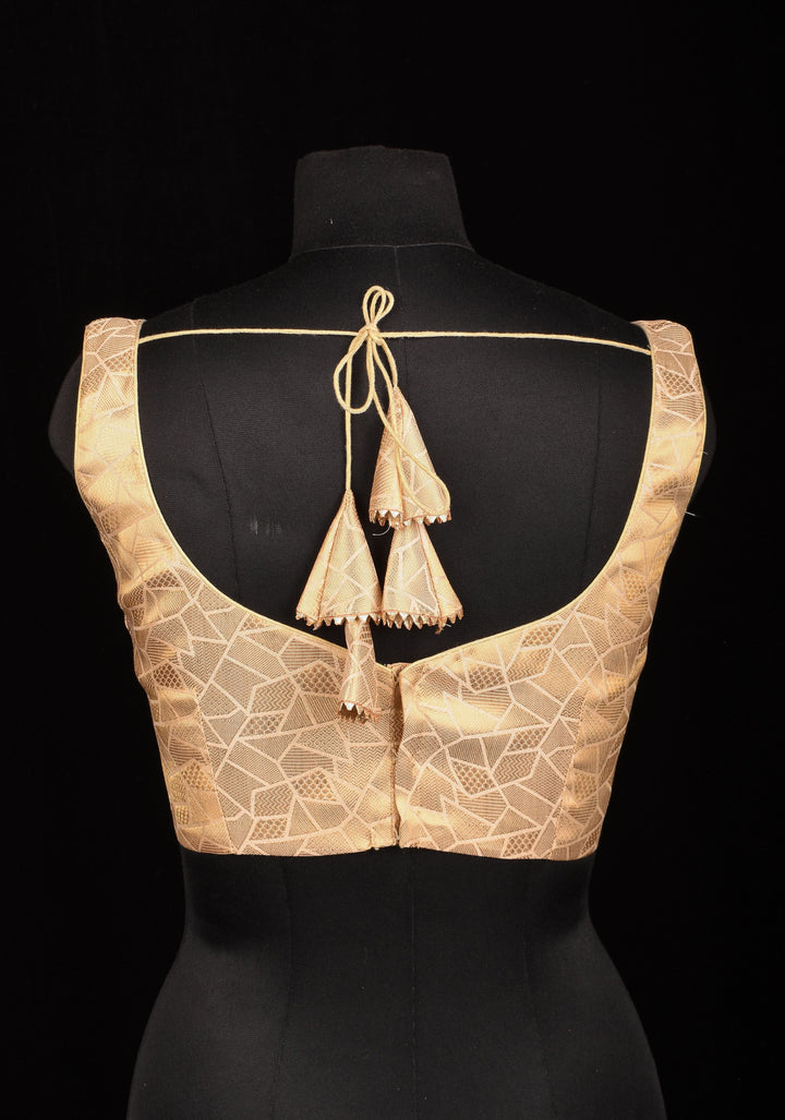 Size 34" Gold Abstract Pattern Brocade Blouse with Leaf Neck and Dori at the Back