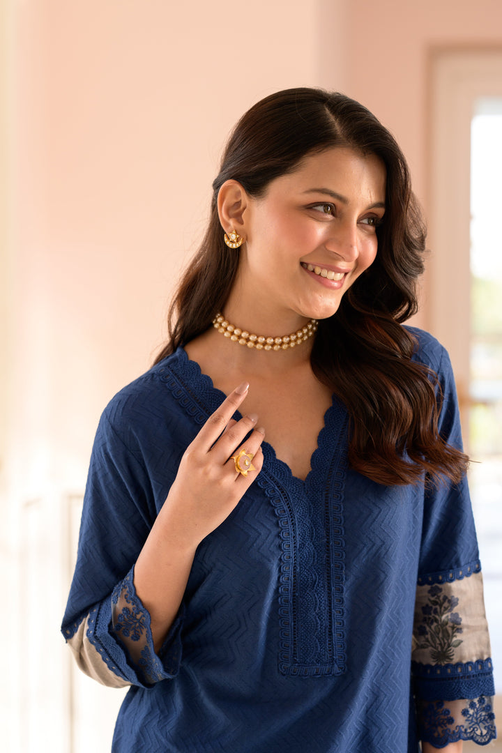 Blue Dobby Cotton Block Printed Kurta Set - SET OF-2 | SHOBITAM