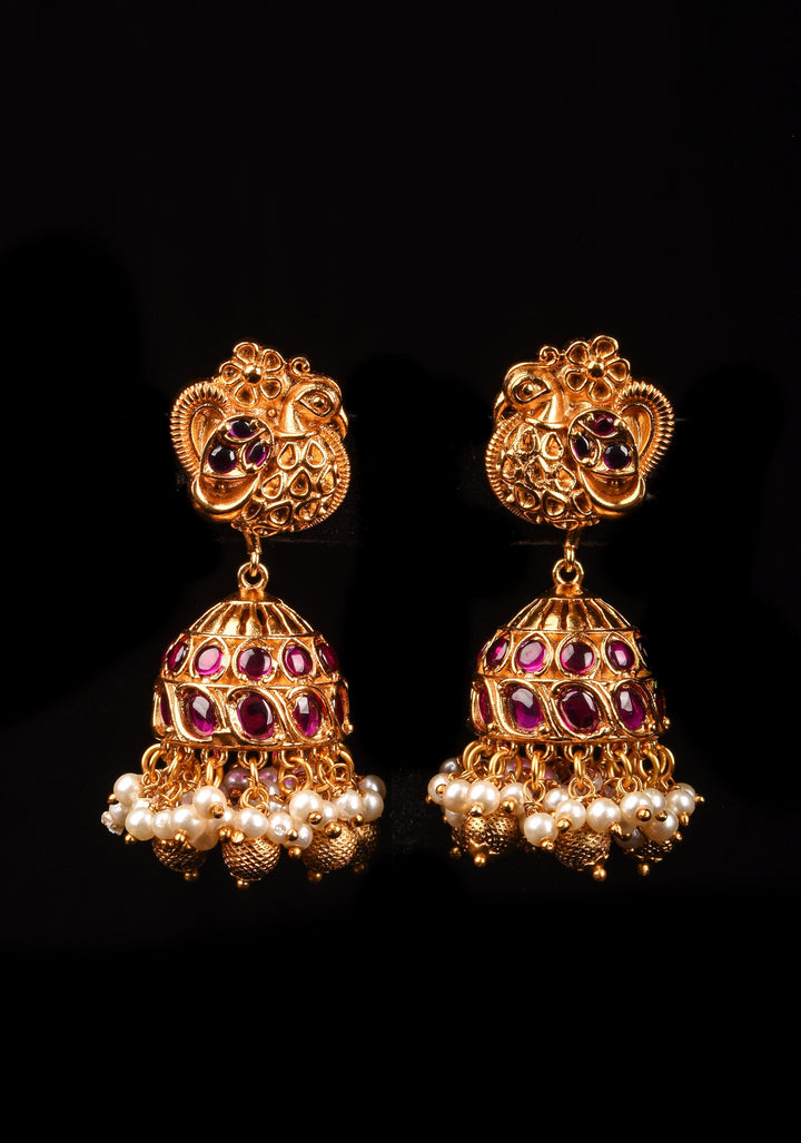 Peacock Jhumka Earrings in Kemp Stone with Dangling Pearls