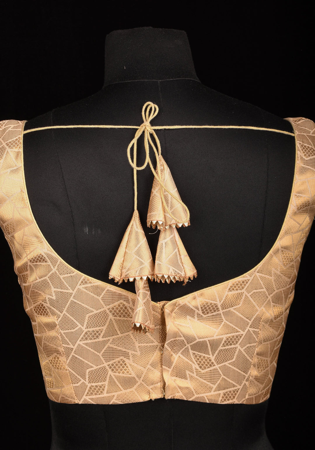 Size 34" Gold Abstract Pattern Brocade Blouse with Leaf Neck and Dori at the Back
