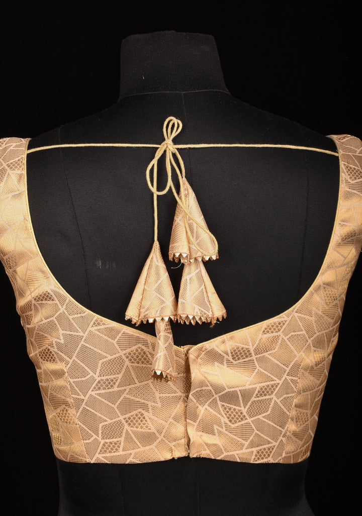 Size 34" Gold Abstract Pattern Brocade Blouse with Leaf Neck and Dori at the Back