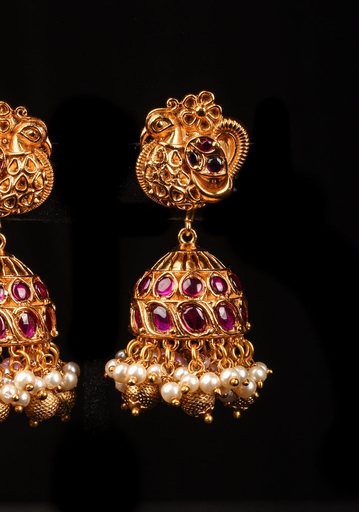Peacock Jhumka Earrings in Kemp Stone with Dangling Pearls