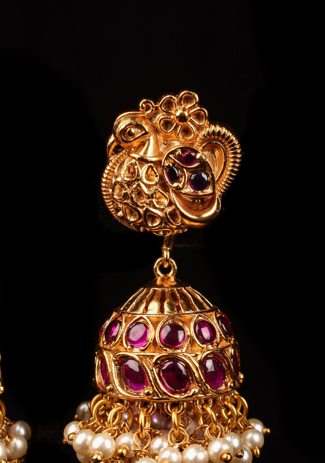Peacock Jhumka Earrings in Kemp Stone with Dangling Pearls