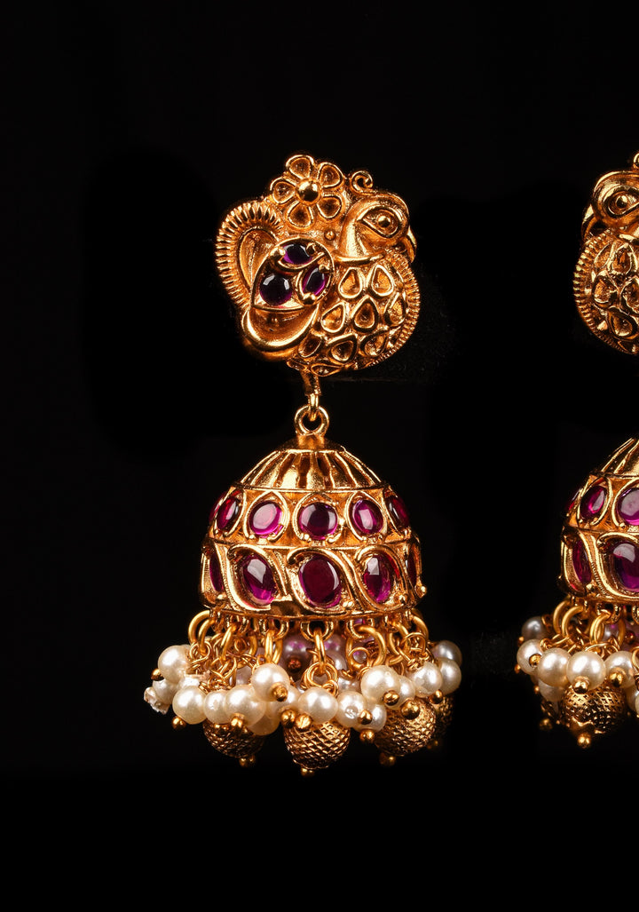 Peacock Jhumka Earrings in Kemp Stone with Dangling Pearls