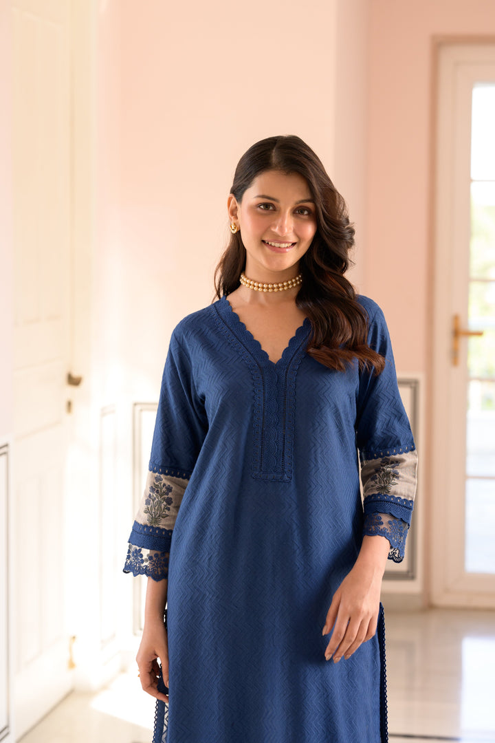 Blue Dobby Cotton Block Printed Kurta Set - SET OF-2 | SHOBITAM