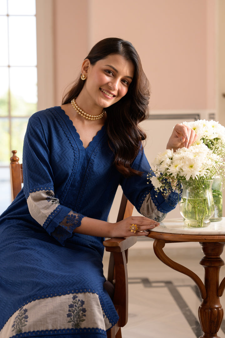 Blue Dobby Cotton Block Printed Kurta Set - SET OF-2 | SHOBITAM