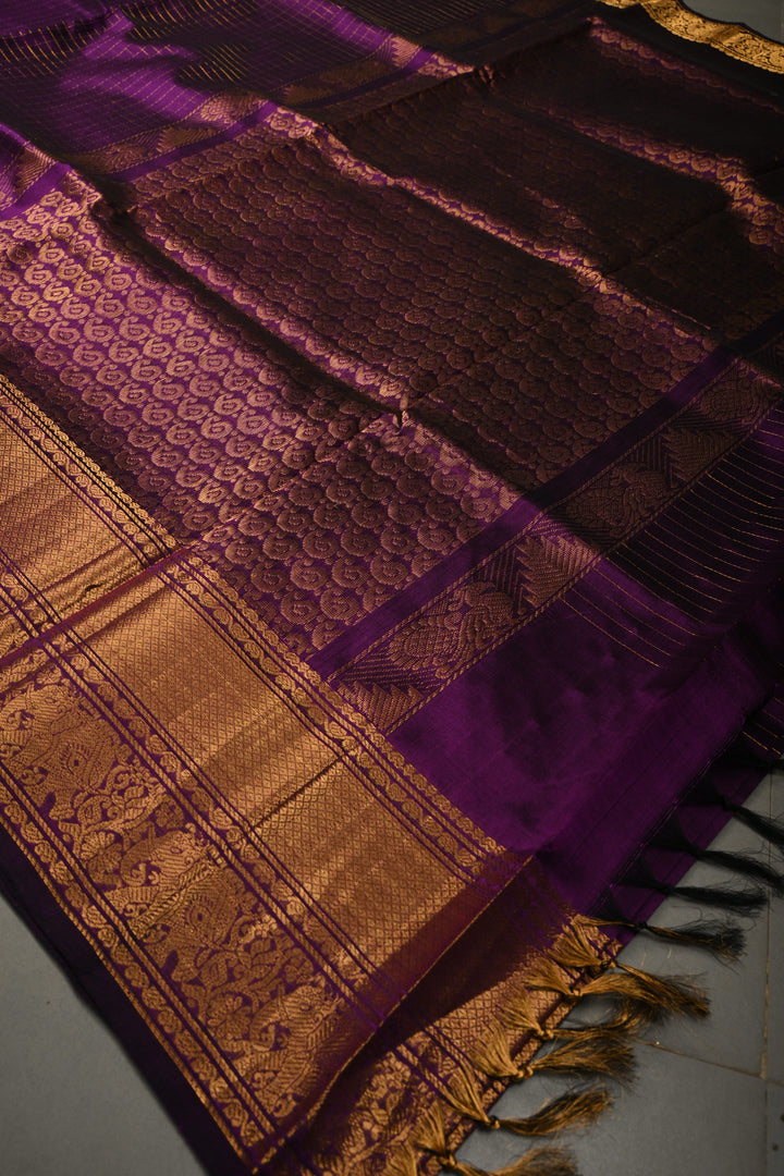Eggplant Purple Kanchi Silk Cotton Handloom Saree with Zari Checks and Distinct Elephant Motifs