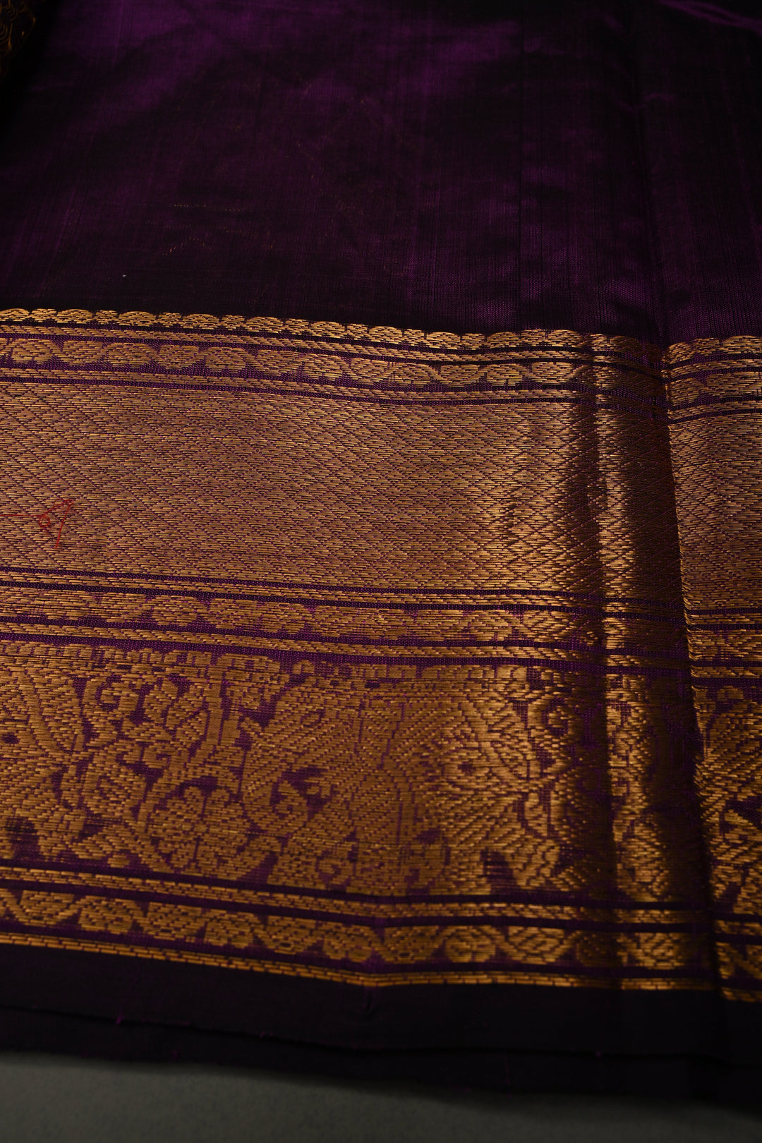 Eggplant Purple Kanchi Silk Cotton Handloom Saree with Zari Checks and Distinct Elephant Motifs