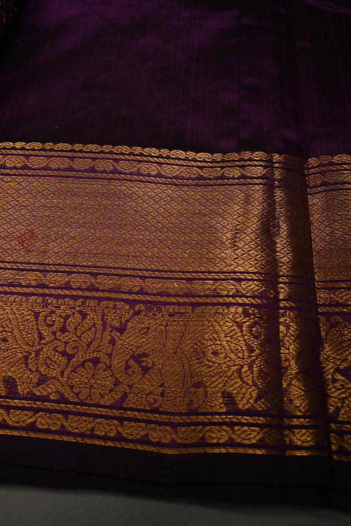 Eggplant Purple Kanchi Silk Cotton Handloom Saree with Zari Checks and Distinct Elephant Motifs