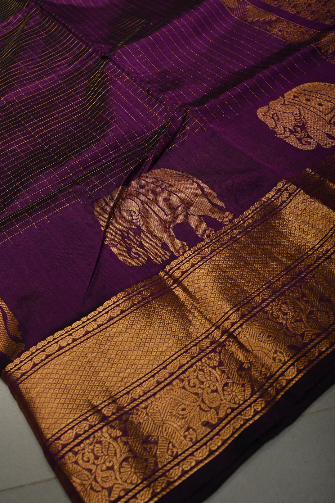 Eggplant Purple Kanchi Silk Cotton Handloom Saree with Zari Checks and Distinct Elephant Motifs