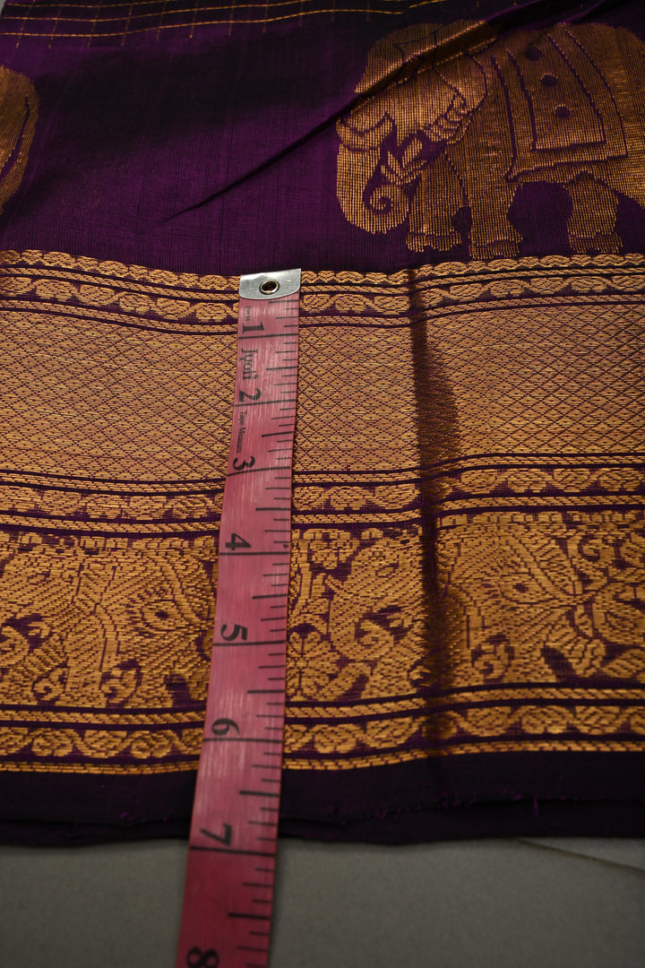 Eggplant Purple Kanchi Silk Cotton Handloom Saree with Zari Checks and Distinct Elephant Motifs