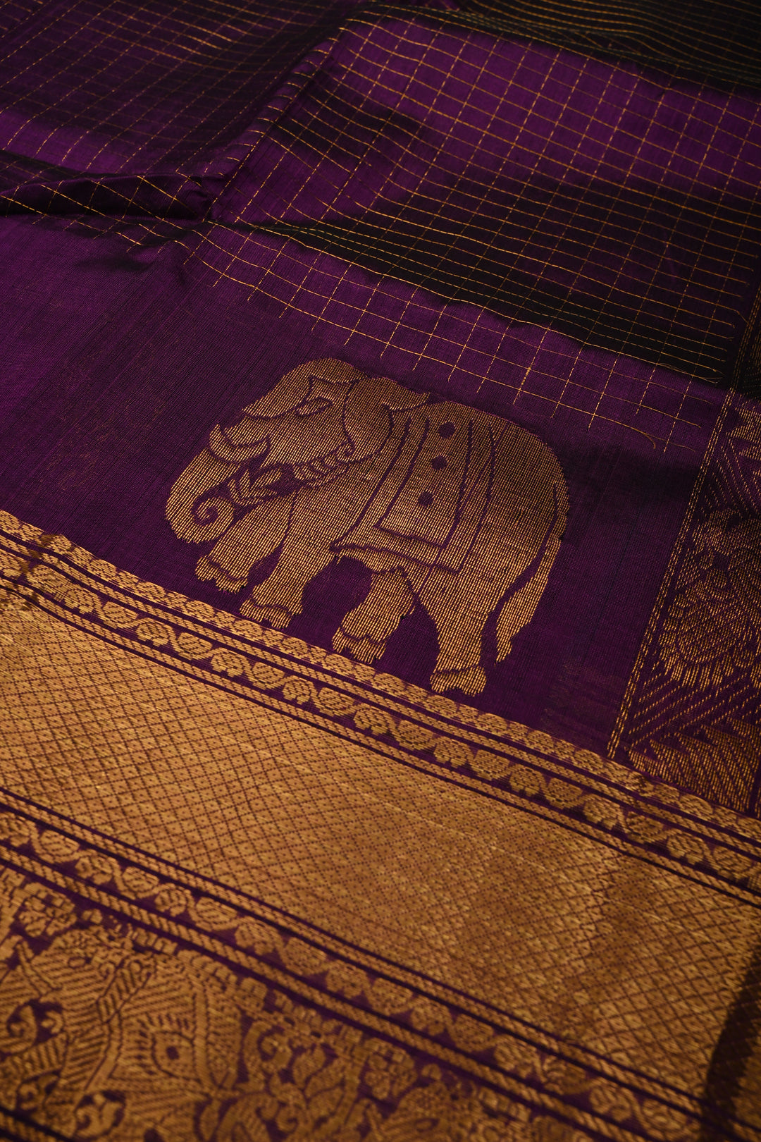 Eggplant Purple Kanchi Silk Cotton Handloom Saree with Zari Checks and Distinct Elephant Motifs