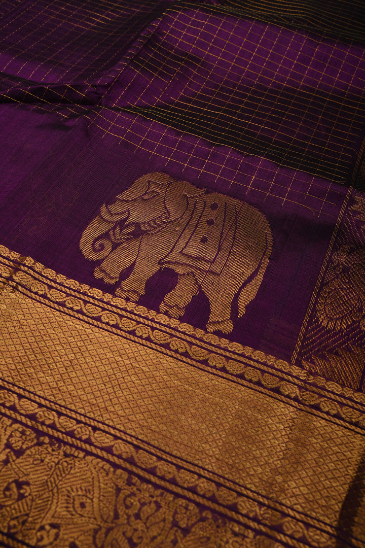 Eggplant Purple Kanchi Silk Cotton Handloom Saree with Zari Checks and Distinct Elephant Motifs