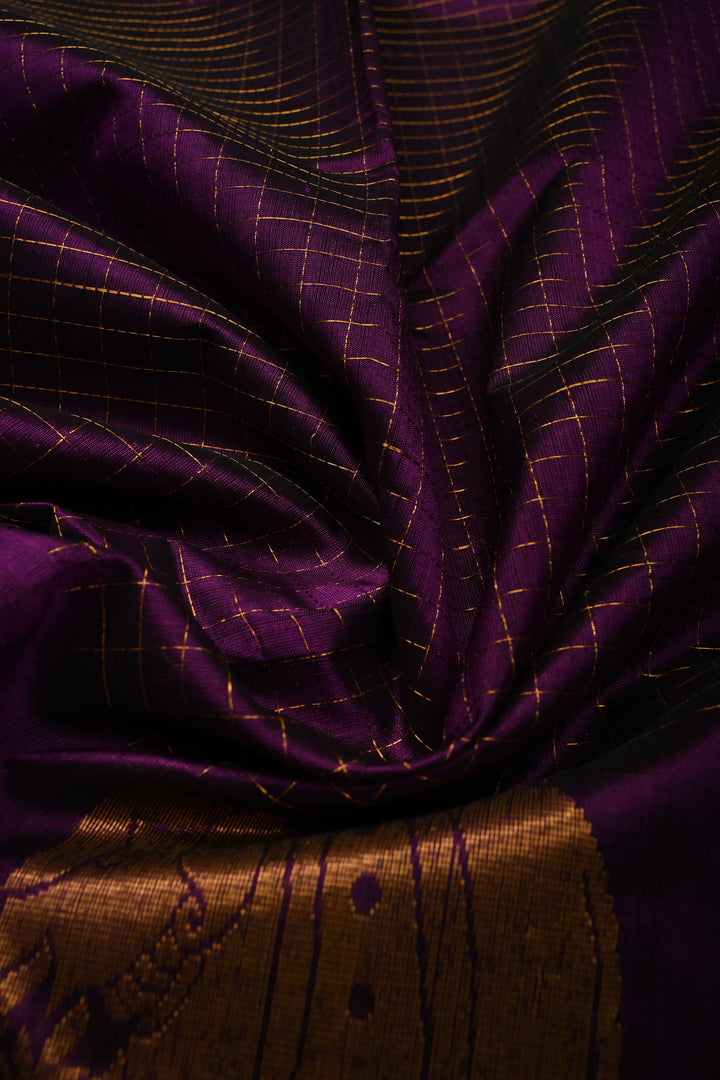 Eggplant Purple Kanchi Silk Cotton Handloom Saree with Zari Checks and Distinct Elephant Motifs
