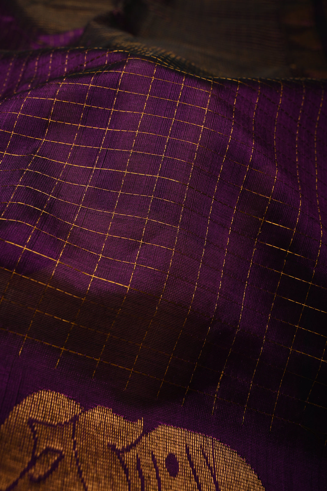 Eggplant Purple Kanchi Silk Cotton Handloom Saree with Zari Checks and Distinct Elephant Motifs