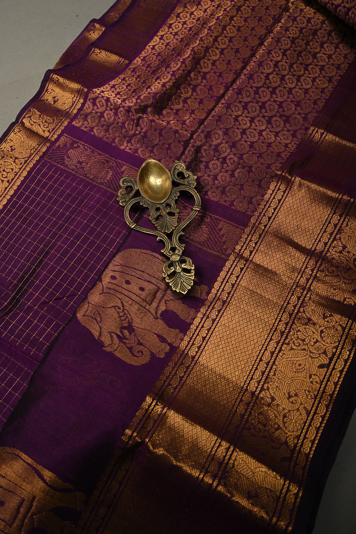 Eggplant Purple Kanchi Silk Cotton Handloom Saree with Zari Checks and Distinct Elephant Motifs
