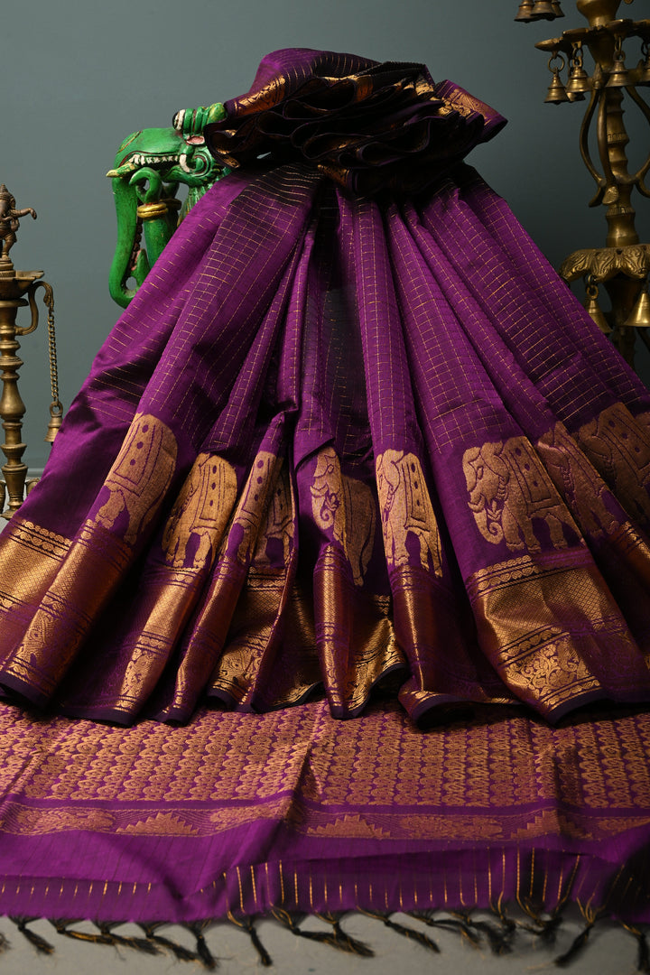 Eggplant Purple Kanchi Silk Cotton Handloom Saree with Zari Checks and Distinct Elephant Motifs