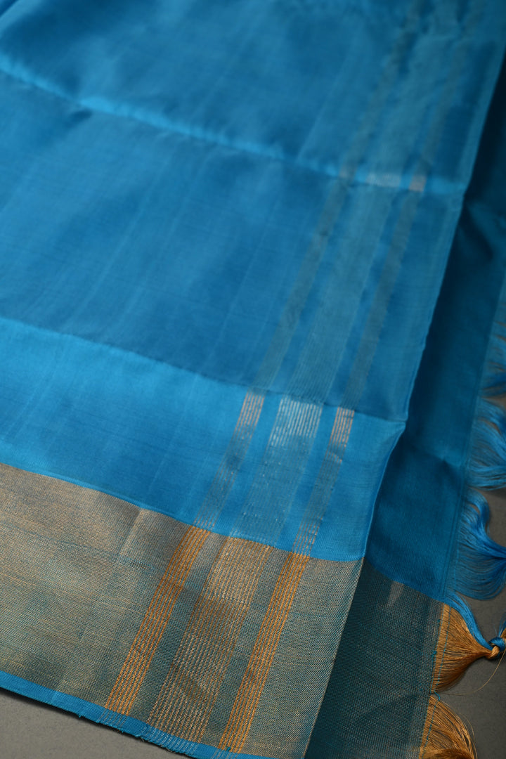Sky Blue Uppada Handloom Silk Saree with Tissue Zari Border | SILK MARK CERTIFIED | SHOBITAM