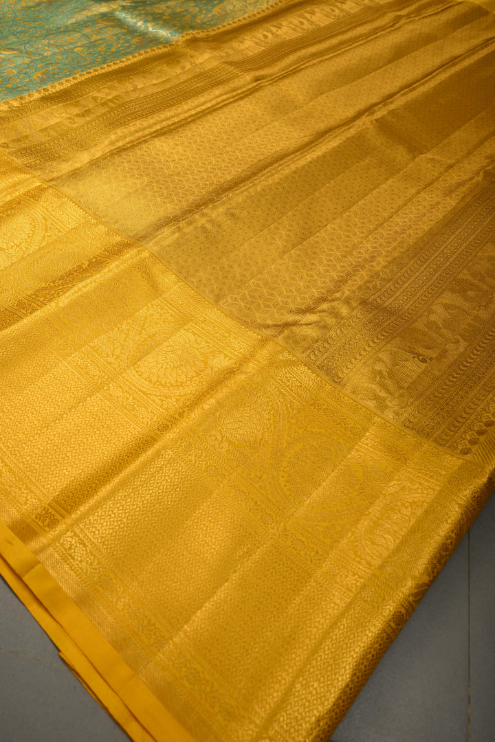 Green-Gold Pure Kanjivaram Tissue Silk Saree with Meenakari Birds-Floral Brocade Jaal and Contrast Zari Border | SILK MARK CERTIFIED | SHOBITAM