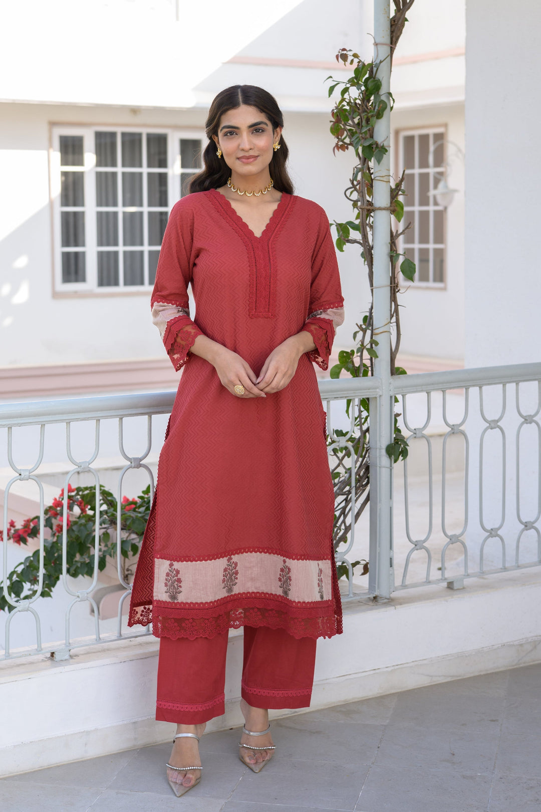 Brick Red Dobby Cotton Block Printed Kurta Set - SET OF-2 | SHOBITAM