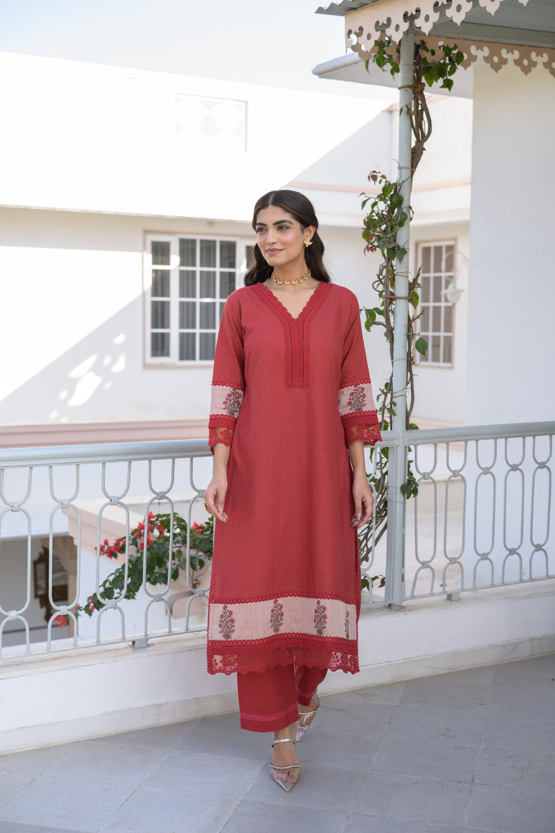 Brick Red Dobby Cotton Block Printed Kurta Set - SET OF-2 | SHOBITAM