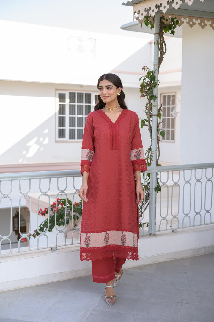 Brick Red Dobby Cotton Block Printed Kurta Set - SET OF-2 | SHOBITAM