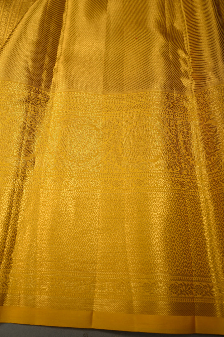 Green-Gold Pure Kanjivaram Tissue Silk Saree with Meenakari Birds-Floral Brocade Jaal and Contrast Zari Border | SILK MARK CERTIFIED | SHOBITAM