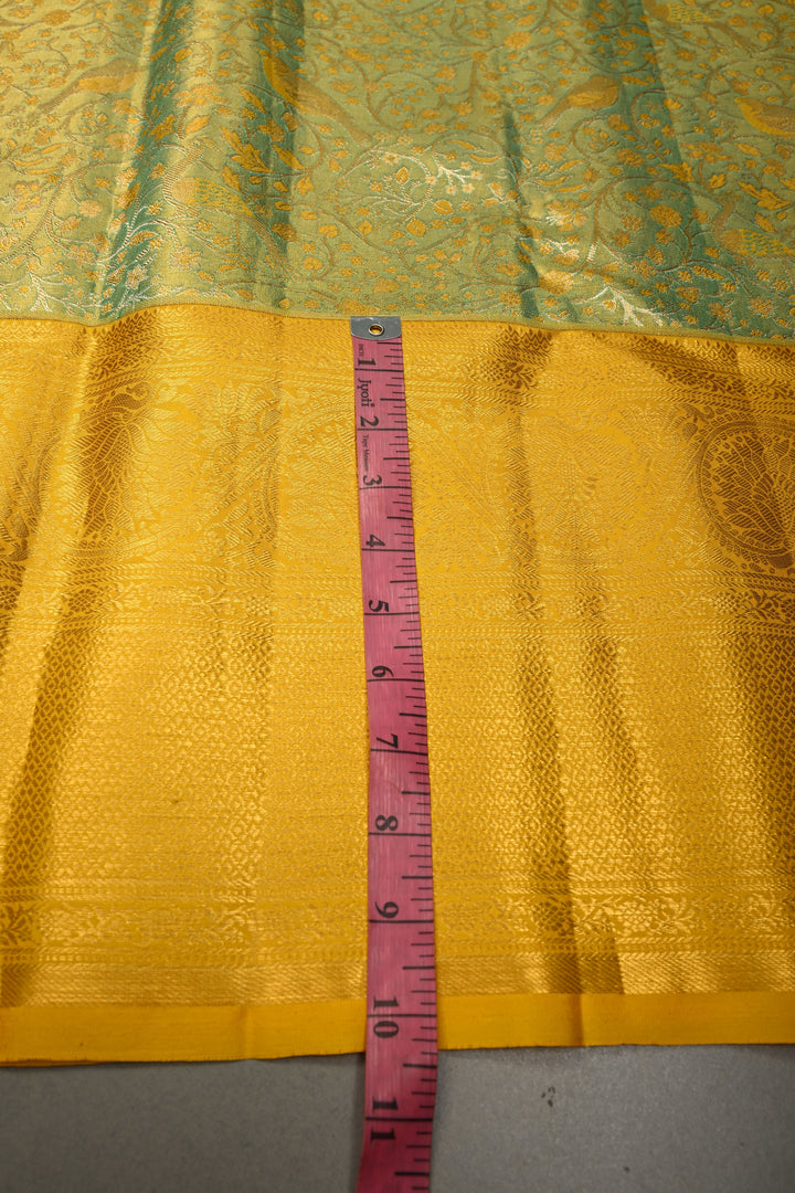 Green-Gold Pure Kanjivaram Tissue Silk Saree with Meenakari Birds-Floral Brocade Jaal and Contrast Zari Border | SILK MARK CERTIFIED | SHOBITAM