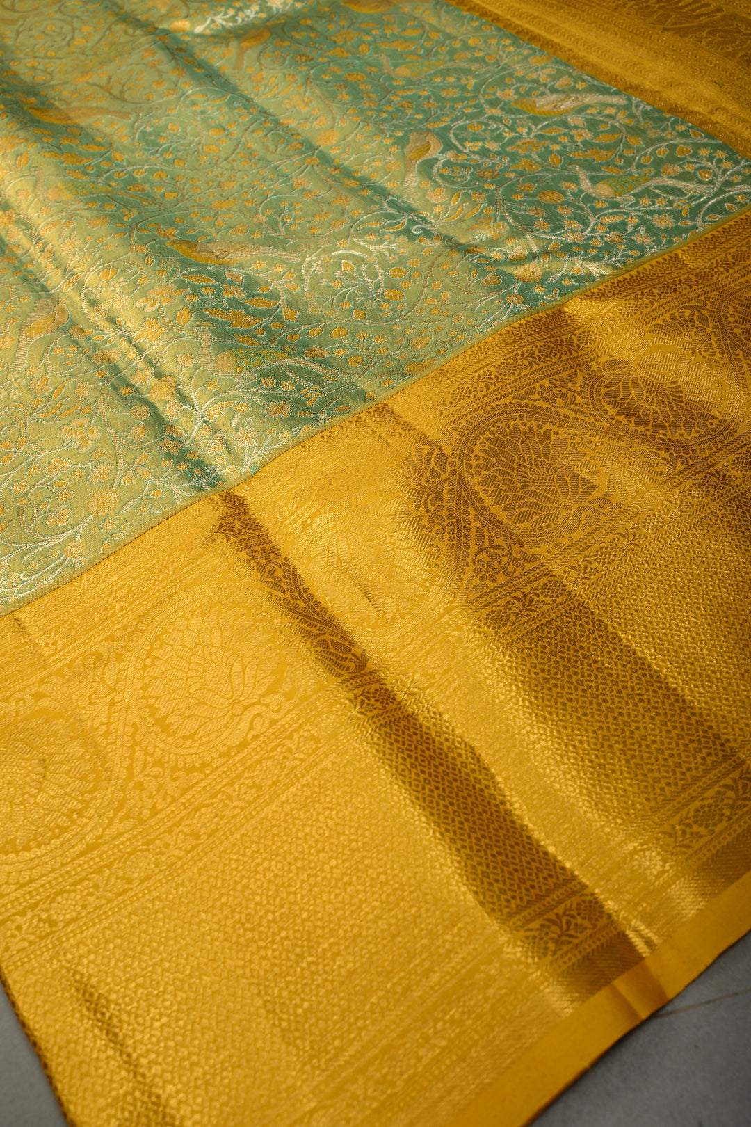 Green-Gold Pure Kanjivaram Tissue Silk Saree with Meenakari Birds-Floral Brocade Jaal and Contrast Zari Border | SILK MARK CERTIFIED | SHOBITAM