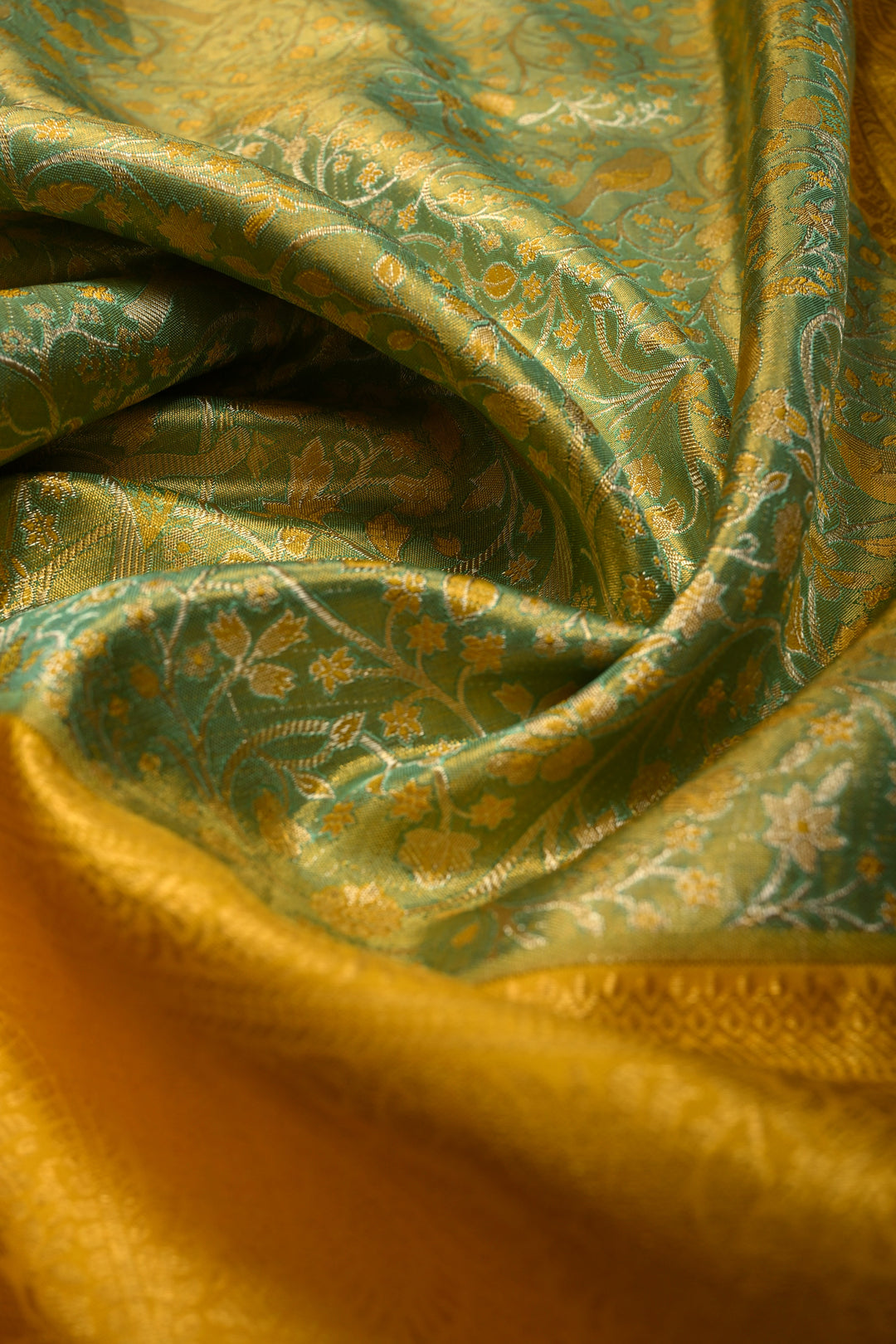 Green-Gold Pure Kanjivaram Tissue Silk Saree with Meenakari Birds-Floral Brocade Jaal and Contrast Zari Border | SILK MARK CERTIFIED | SHOBITAM
