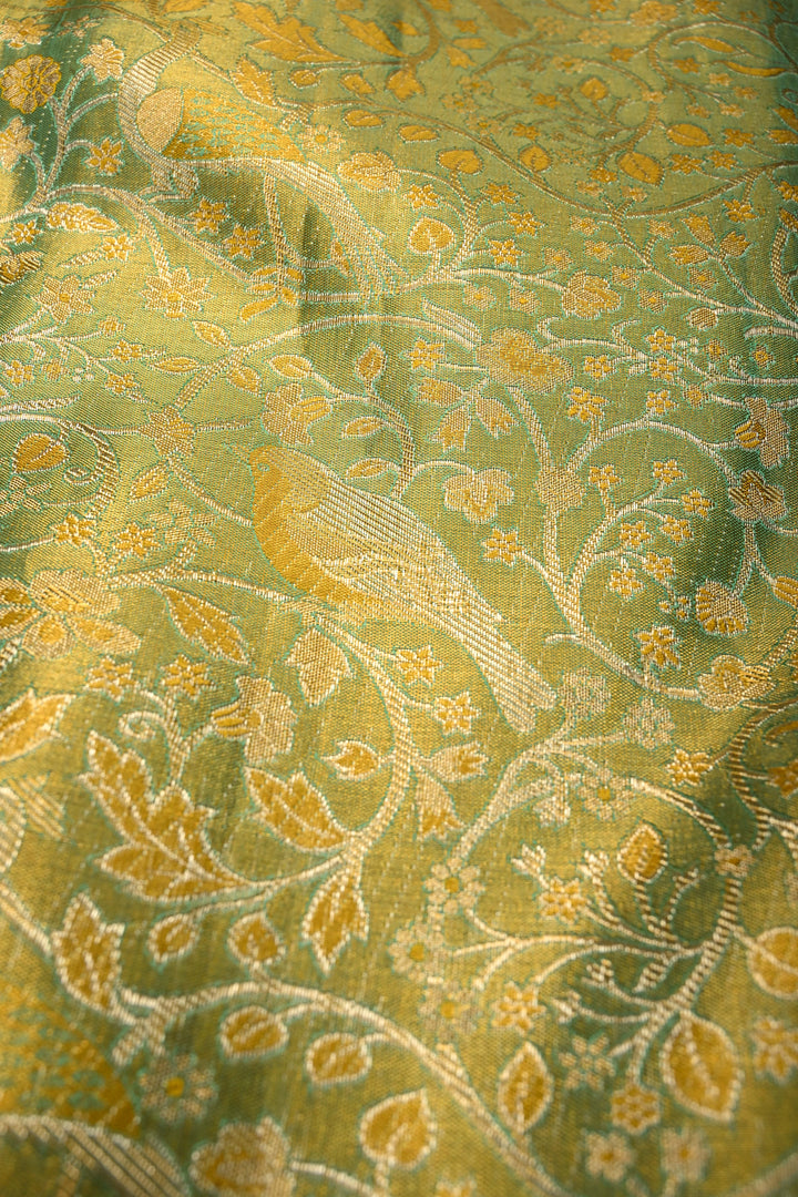 Green-Gold Pure Kanjivaram Tissue Silk Saree with Meenakari Birds-Floral Brocade Jaal and Contrast Zari Border | SILK MARK CERTIFIED | SHOBITAM
