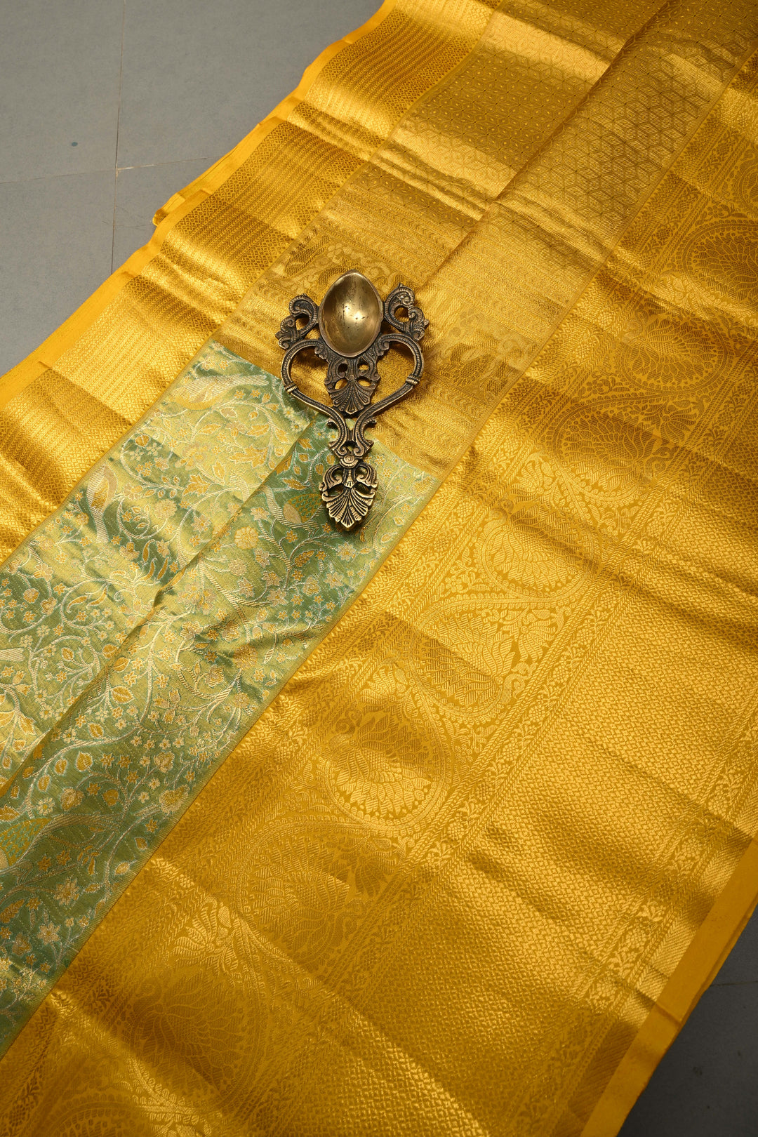 Green-Gold Pure Kanjivaram Tissue Silk Saree with Meenakari Birds-Floral Brocade Jaal and Contrast Zari Border | SILK MARK CERTIFIED | SHOBITAM