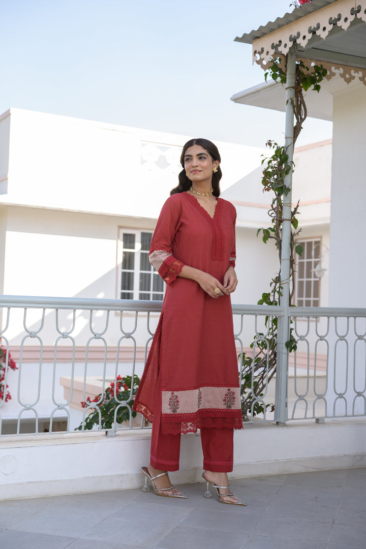 Brick Red Dobby Cotton Block Printed Kurta Set - SET OF-2 | SHOBITAM