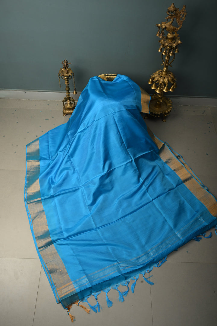 Sky Blue Uppada Handloom Silk Saree with Tissue Zari Border | SILK MARK CERTIFIED | SHOBITAM