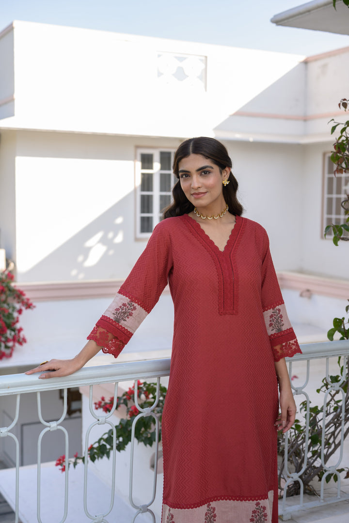 Brick Red Dobby Cotton Block Printed Kurta Set - SET OF-2 | SHOBITAM