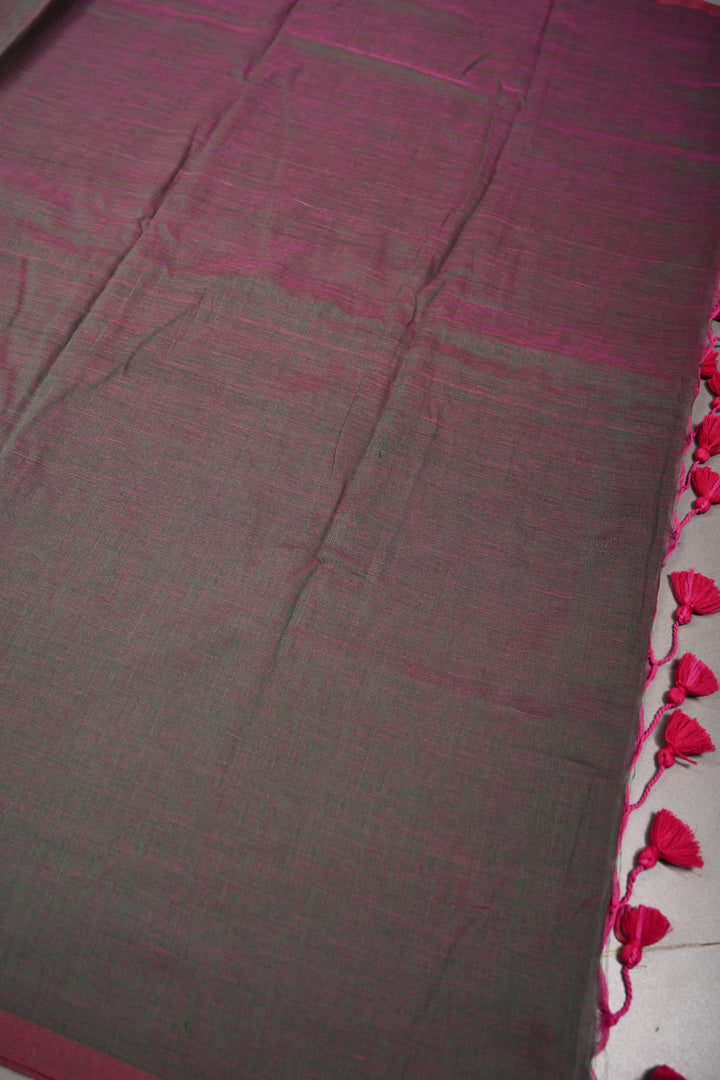 Pink-Green Dual tone Mul Cotton Saree with Long Tassels, No Blouse Piece | SHOBITAM