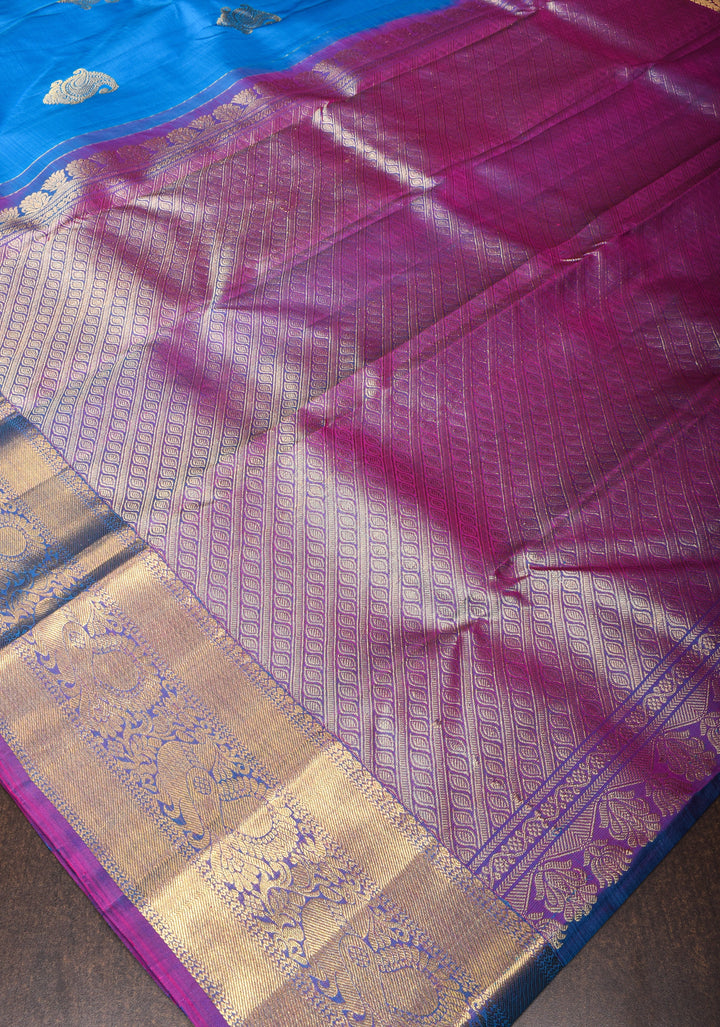 Exquisite Pure Kanjivaram Silk Saree in Blue with Zari Motifs and Zari Border | SILK MARK CERTIFIED
