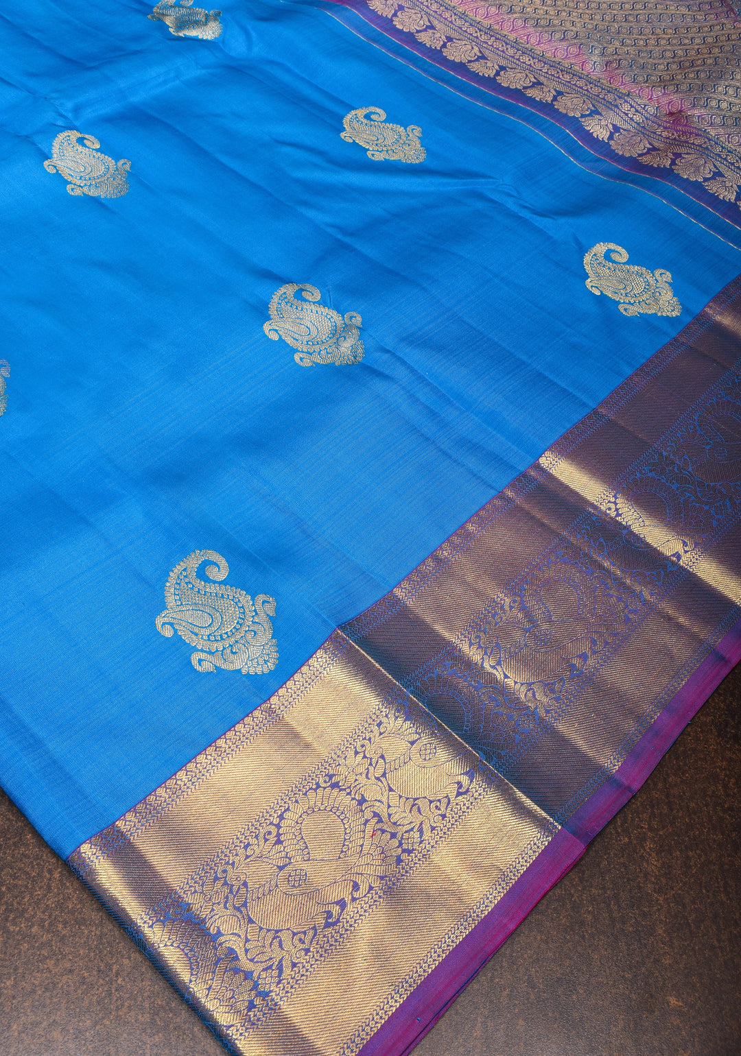 Exquisite Pure Kanjivaram Silk Saree in Blue with Zari Motifs and Zari Border | SILK MARK CERTIFIED