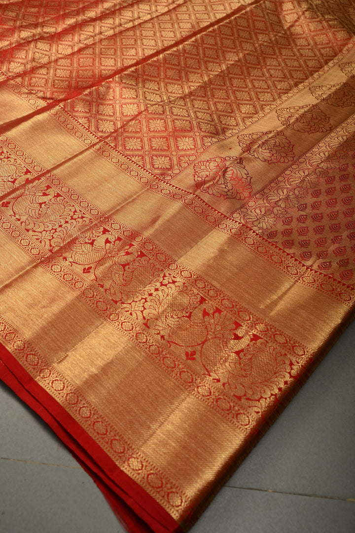 Talambralu Ivory-Gold Pure Kanjivaram Tissue Silk Saree with Geomatric Brocade and Contrast Zari Border | SILK MARK CERTIFIED | SHOBITAM