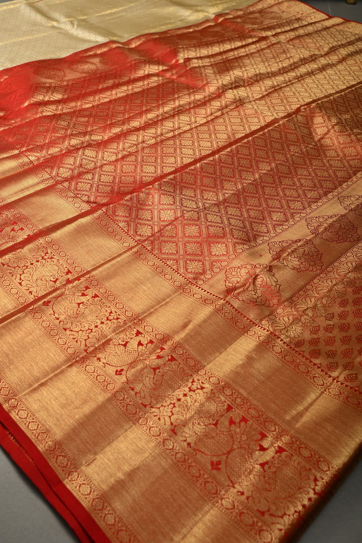 Talambralu Ivory-Gold Pure Kanjivaram Tissue Silk Saree with Geomatric Brocade and Contrast Zari Border | SILK MARK CERTIFIED | SHOBITAM