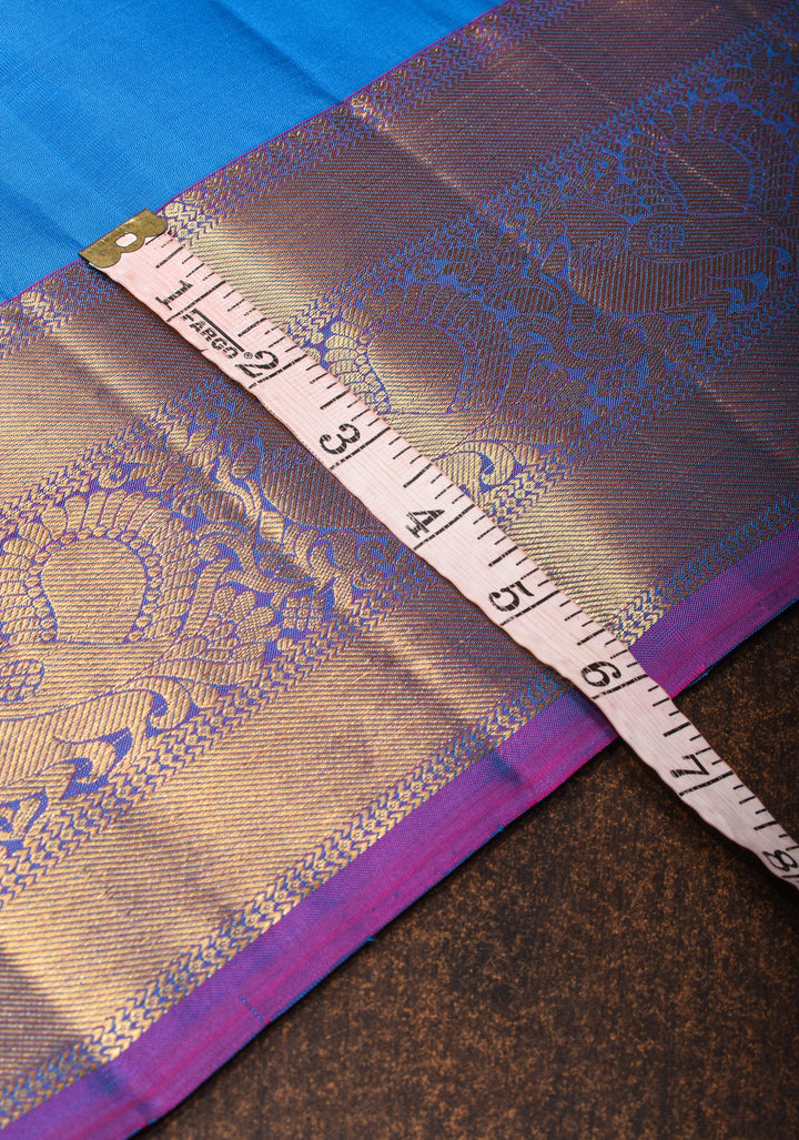 Exquisite Pure Kanjivaram Silk Saree in Blue with Zari Motifs and Zari Border | SILK MARK CERTIFIED