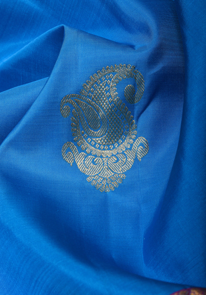 Exquisite Pure Kanjivaram Silk Saree in Blue with Zari Motifs and Zari Border | SILK MARK CERTIFIED