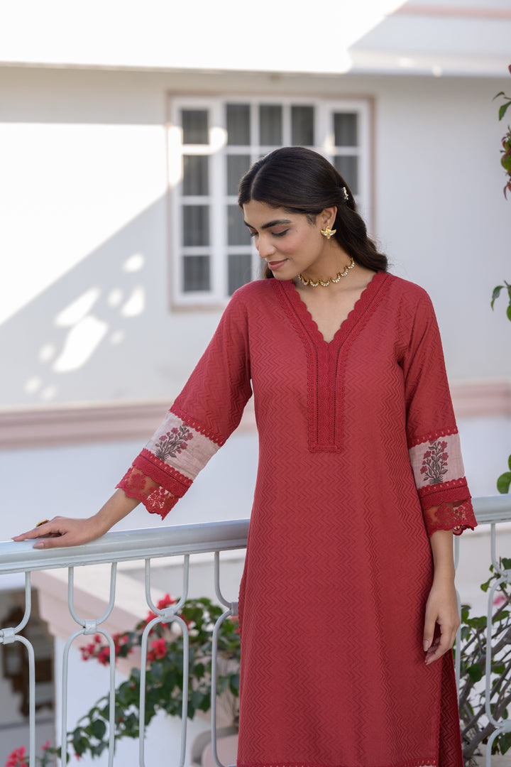 Brick Red Dobby Cotton Block Printed Kurta Set - SET OF-2 | SHOBITAM