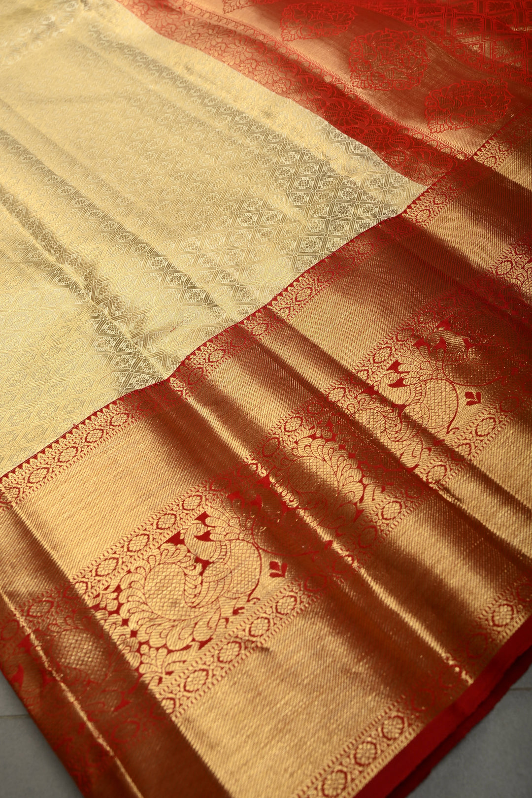 Talambralu Ivory-Gold Pure Kanjivaram Tissue Silk Saree with Geomatric Brocade and Contrast Zari Border | SILK MARK CERTIFIED | SHOBITAM
