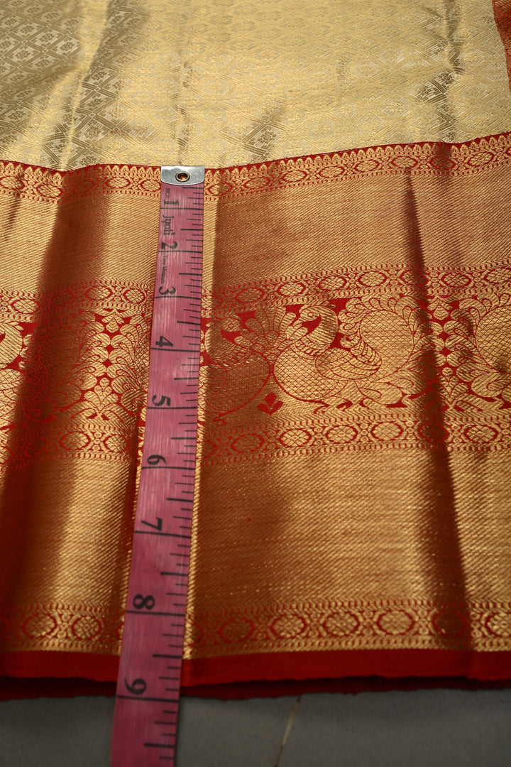 Talambralu Ivory-Gold Pure Kanjivaram Tissue Silk Saree with Geomatric Brocade and Contrast Zari Border | SILK MARK CERTIFIED | SHOBITAM