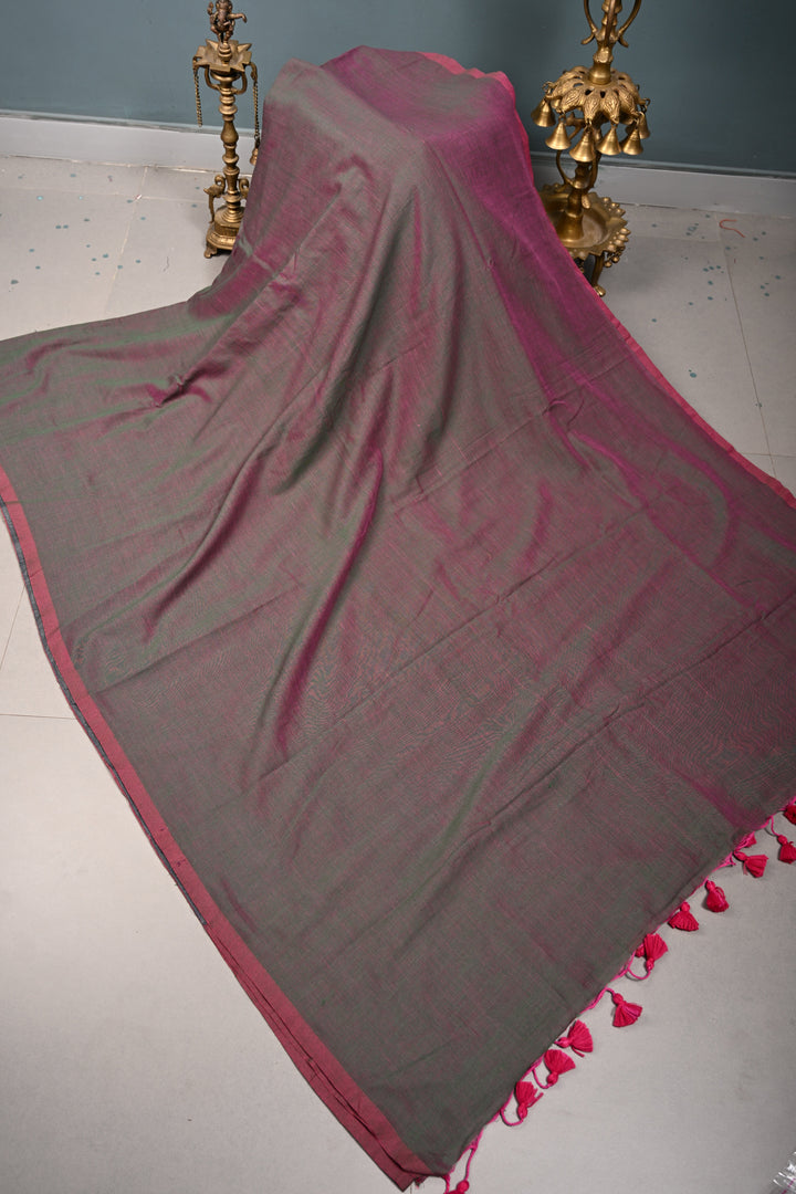 Green-Pink Dual tone Mercerized Mul Cotton Saree with  Long Tassels, No Blouse Piece | SHOBITAM