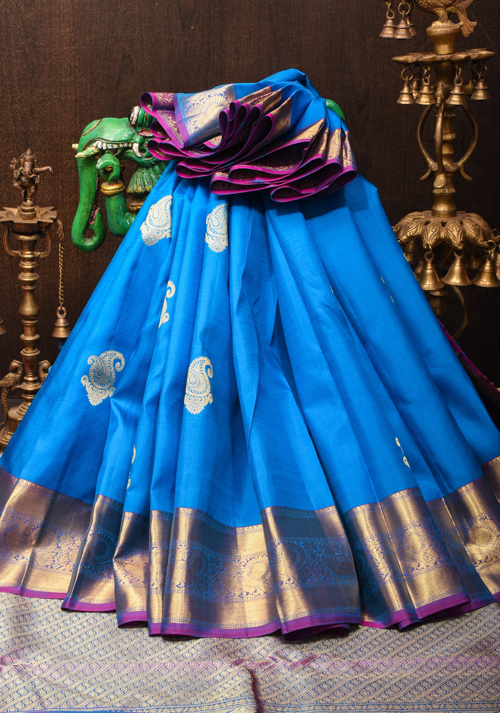 Exquisite Pure Kanjivaram Silk Saree in Blue with Zari Motifs and Zari Border | SILK MARK CERTIFIED