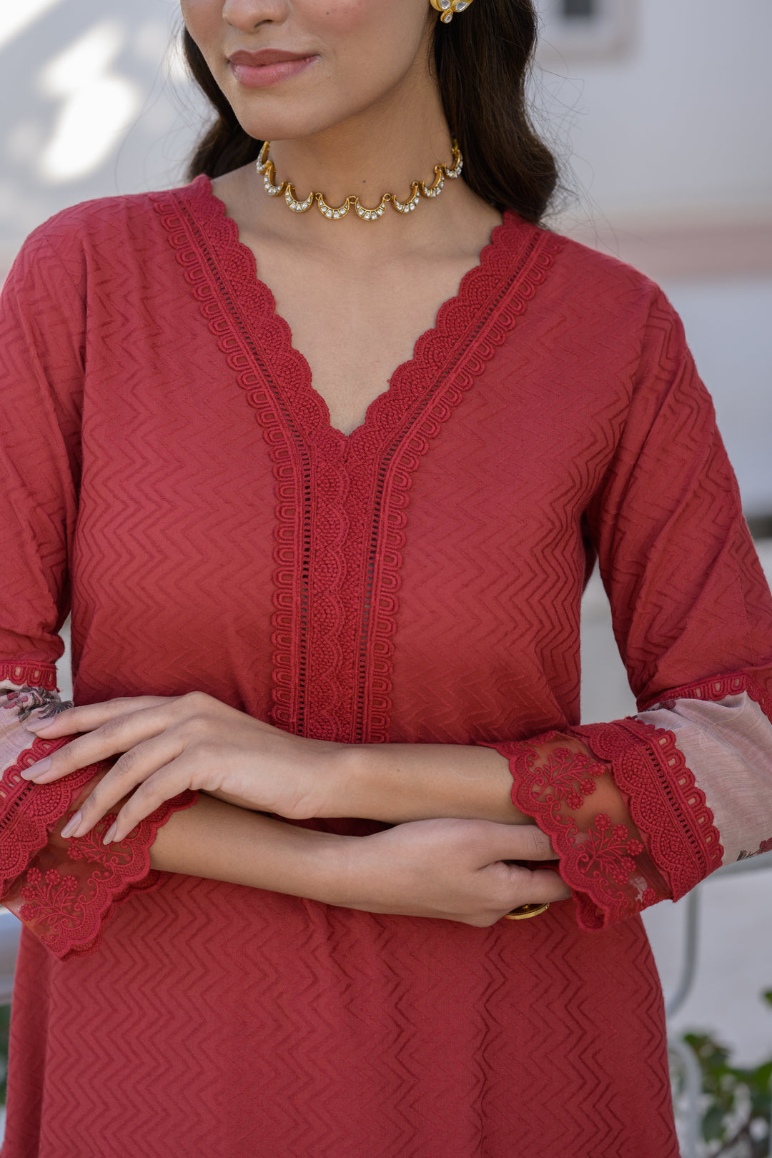 Brick Red Dobby Cotton Block Printed Kurta Set - SET OF-2 | SHOBITAM